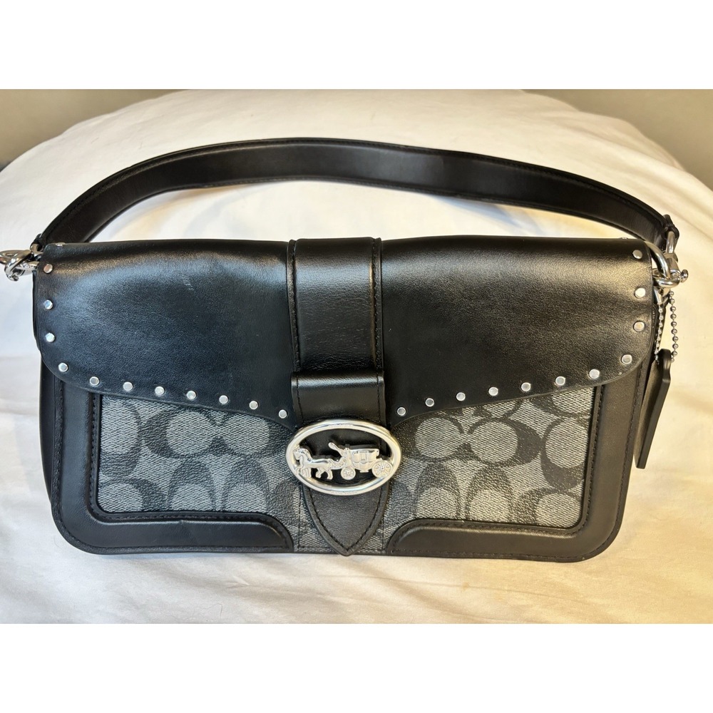 Black Coach Georgie Woman's Leather Signature Shoulder Bag W/ Silver Accents